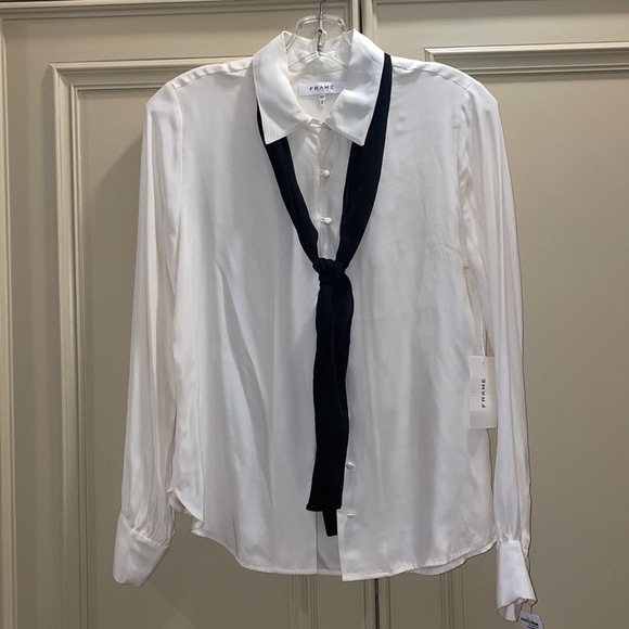 Frame Cream Silk Blouse with Black Silk Chiffon Tie S NWT - Picture 4 of 9